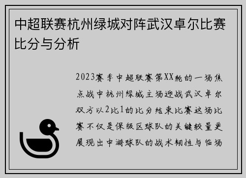 中超联赛杭州绿城对阵武汉卓尔比赛比分与分析