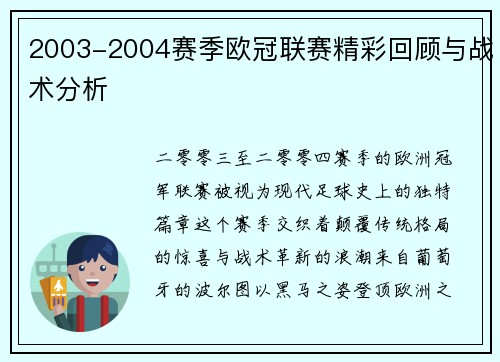 2003-2004赛季欧冠联赛精彩回顾与战术分析
